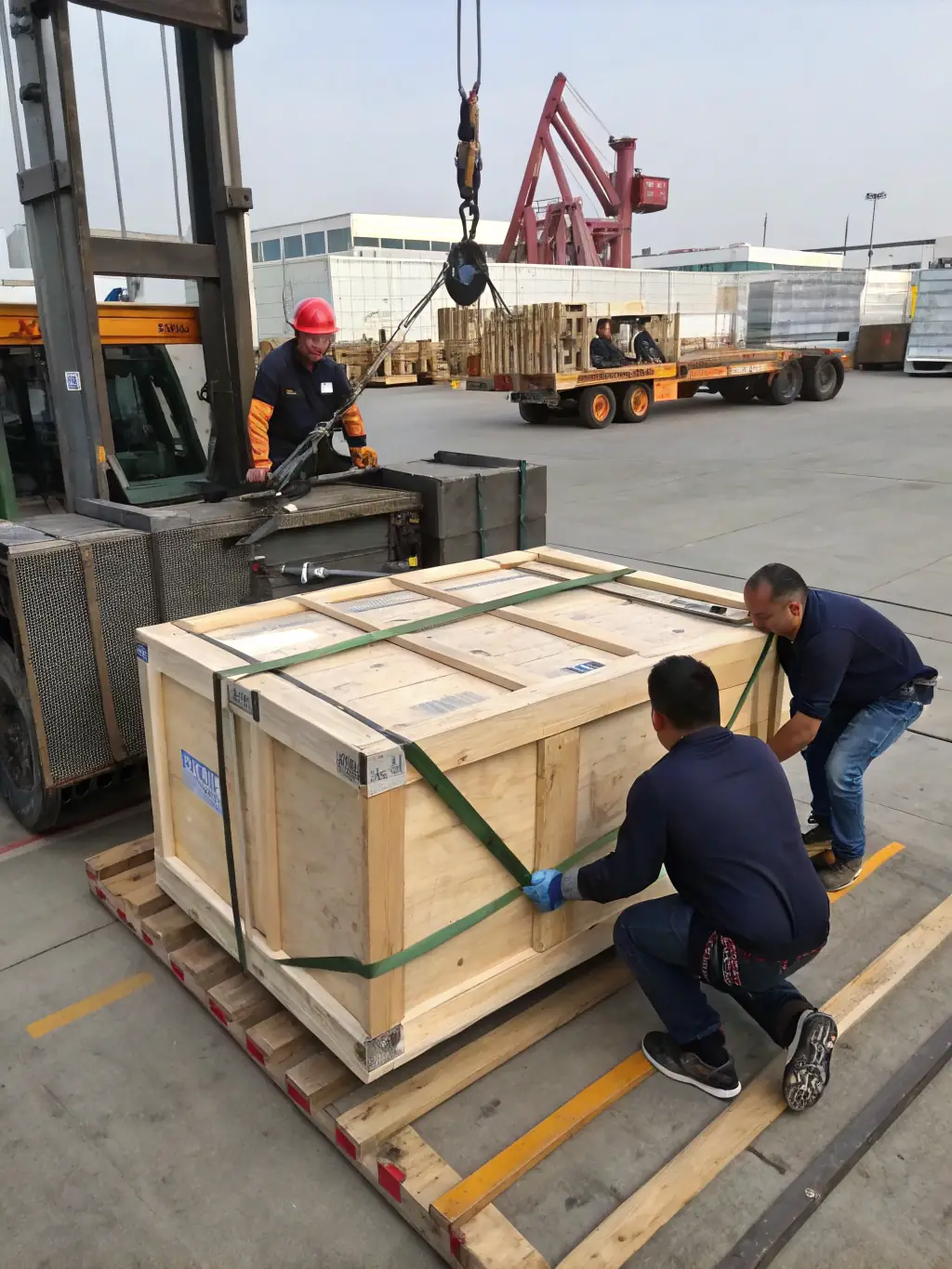 A picture of industrial equipment being safely loaded onto a truck using EMPAQUETRON's heavy-duty packaging materials, highlighting the safety and compliance aspects.