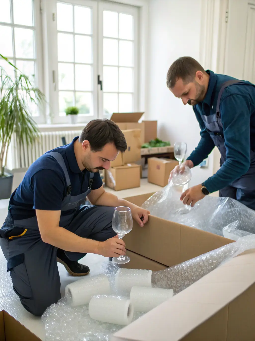 A team of packaging specialists wrapping and securing products with various materials in a modern warehouse, ensuring secure transit.