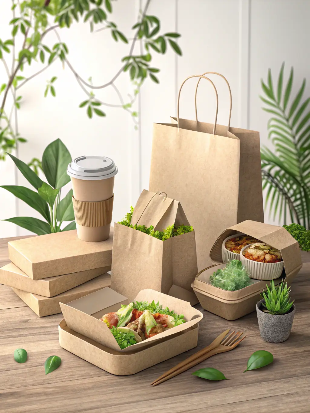 Various sustainable packaging materials, including cardboard boxes and biodegradable packing peanuts, demonstrating EMPAQUETRON's commitment to eco-friendly solutions.