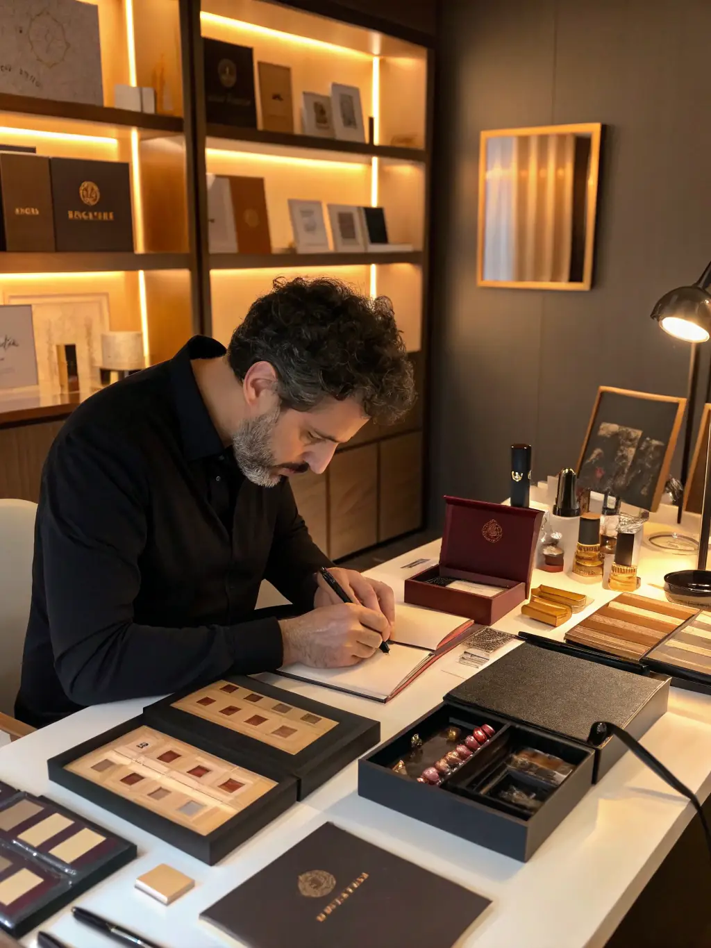 A designer applying branding labels and decorative packaging to a product, enhancing its appeal and presentation.