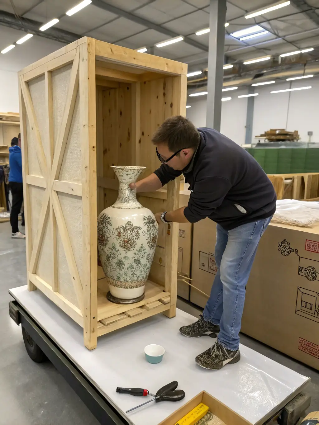 A wooden crate being constructed around heavy machinery, illustrating EMPAQUETRON's expertise in industrial packaging solutions.