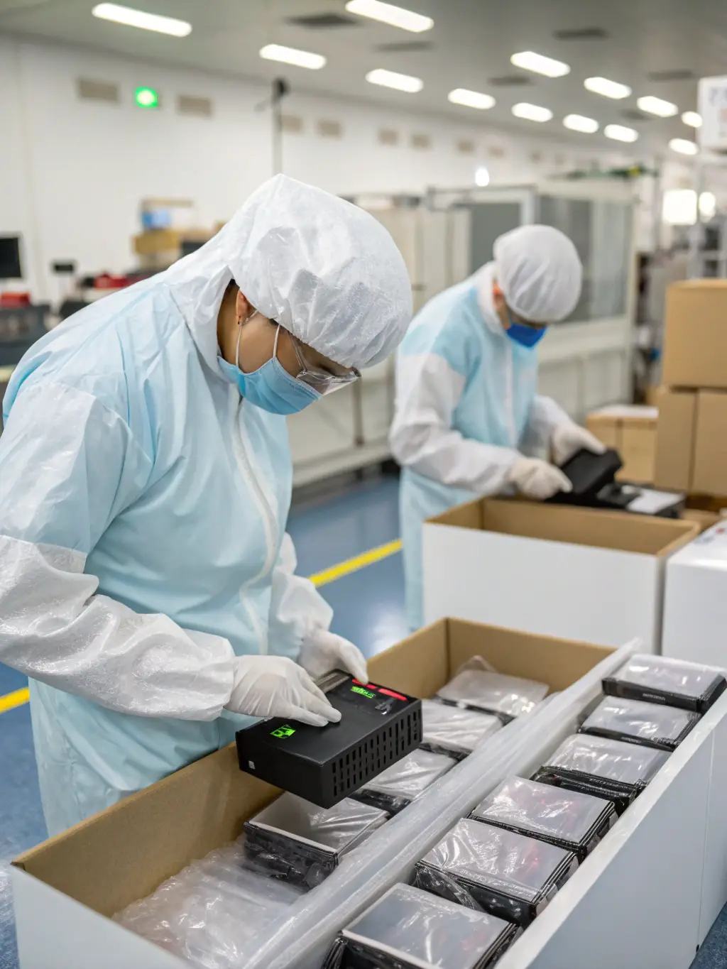 A close-up of a fragile electronic component being carefully packed with custom foam inserts inside a corrugated box, highlighting EMPAQUETRON's attention to detail.