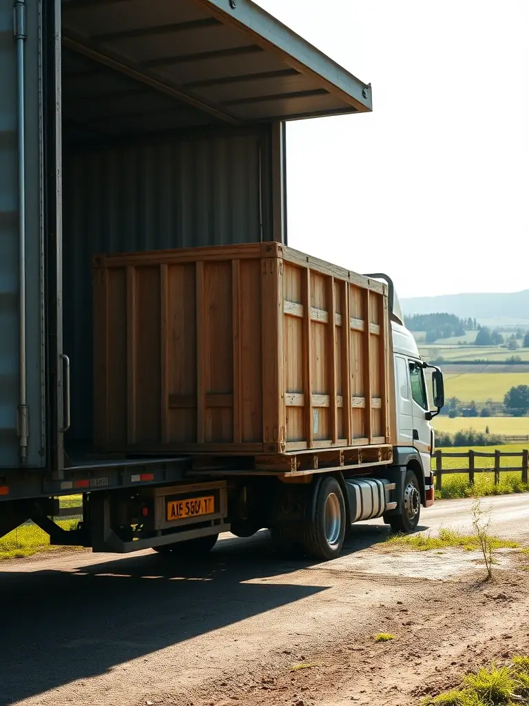 A high-angle shot of a custom-designed wooden crate being loaded onto a flatbed truck, showcasing EMPAQUETRON's industrial packaging solutions.