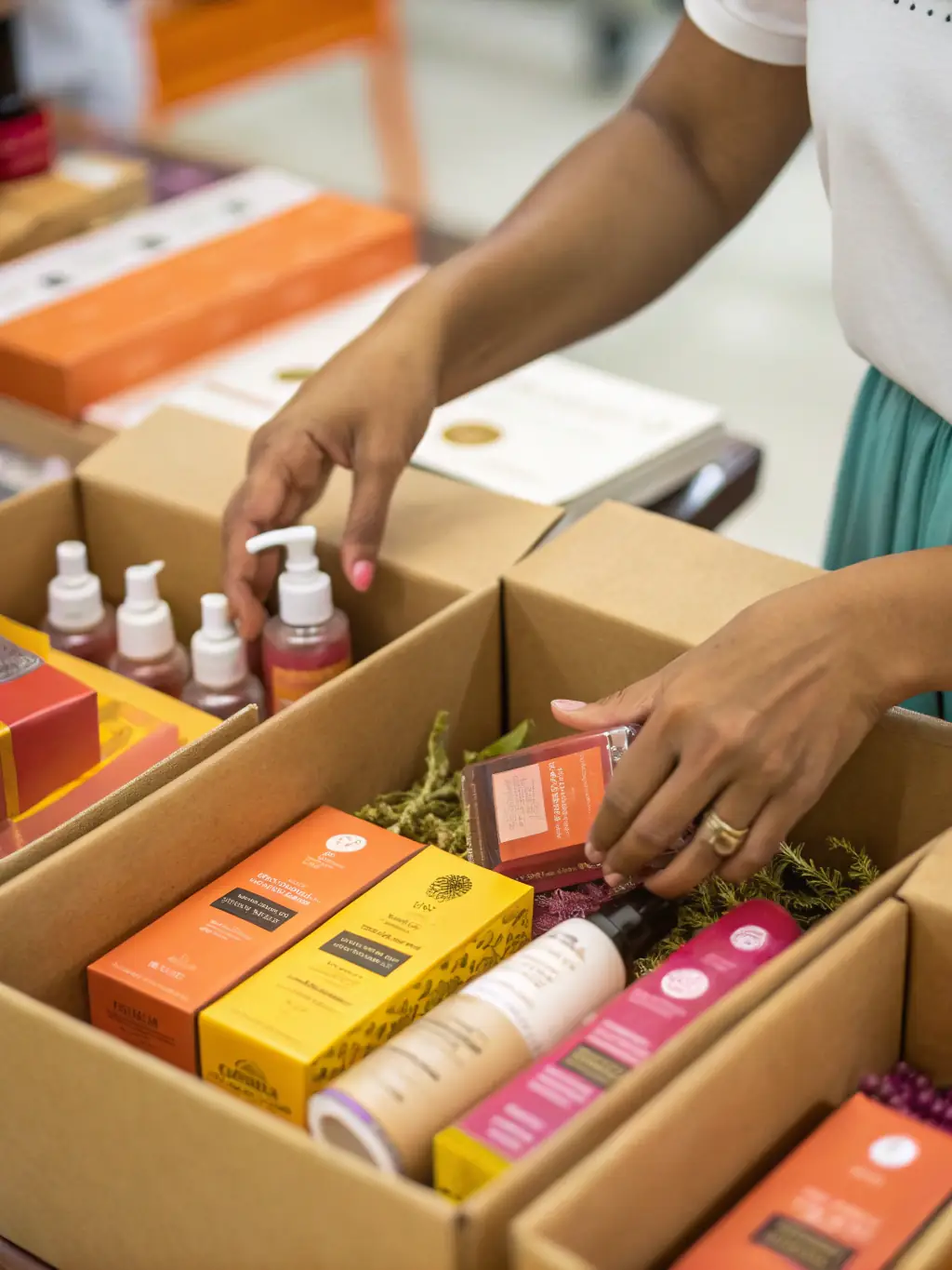 A person carefully sealing a box with branded tape, showcasing EMPAQUETRON's custom packing and presentation services.